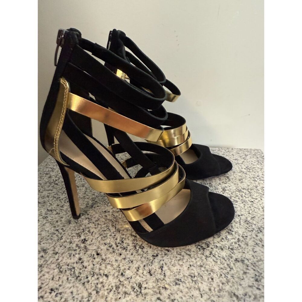 VIA SPIGA Black Suede/Gold Ankle Strap Gladiator Stiletto Heels NWT 6.5